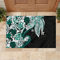Monstera Plumeria Flowers Teal Rubber Doormat Polynesian Pattern