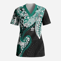 Monstera Plumeria Flowers Teal Scrub Top Polynesian Pattern