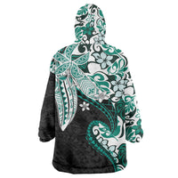 Monstera Plumeria Flowers Teal Wearable Blanket Hoodie Polynesian Pattern