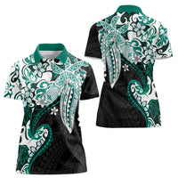 Monstera Plumeria Flowers Teal Women Polo Shirt Polynesian Pattern