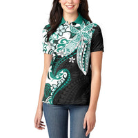 Monstera Plumeria Flowers Teal Women Polo Shirt Polynesian Pattern