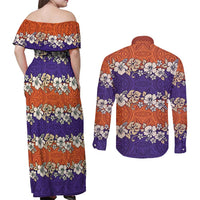 Hawaiian Hibiscus Couples Matching Off Shoulder Maxi Dress and Long Sleeve Button Shirt Orange and Purple Unique