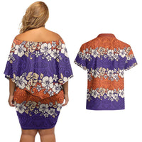 Hawaiian Hibiscus Couples Matching Off Shoulder Short Dress and Hawaiian Shirt Orange and Purple Unique
