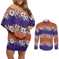 Hawaiian Hibiscus Couples Matching Off Shoulder Short Dress and Long Sleeve Button Shirt Orange and Purple Unique