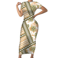 Hawaii Quilt Family Matching Short Sleeve Bodycon Dress and Hawaiian Shirt Kakau Polynesian Pattern Gold Version LT01 Mom's Dress Gold - Polynesian Pride