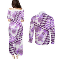 Hawaii Quilt Couples Matching Puletasi Dress and Long Sleeve Button Shirt Kakau Polynesian Pattern Lilac Version LT01 - Polynesian Pride