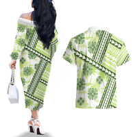 Hawaii Quilt Couples Matching Off The Shoulder Long Sleeve Dress and Hawaiian Shirt Kakau Polynesian Pattern Olive Green Version LT01 - Polynesian Pride