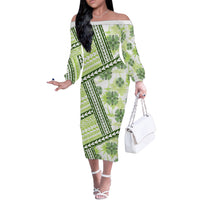 Hawaii Quilt Off The Shoulder Long Sleeve Dress Kakau Polynesian Pattern Olive Green Version LT01 Women Green - Polynesian Pride