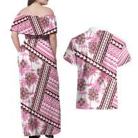 Hawaii Quilt Couples Matching Off Shoulder Maxi Dress and Hawaiian Shirt Kakau Polynesian Pattern Mauve Pink Version LT01 - Polynesian Pride