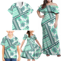 Hawaii Quilt Family Matching Off Shoulder Maxi Dress and Hawaiian Shirt Kakau Polynesian Pattern Teal Version LT01 - Polynesian Pride
