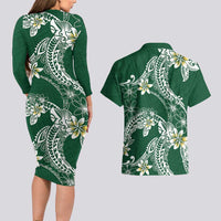 Polynesian Hawaiian Plumeria Tribal Pattern Couples Matching Long Sleeve Bodycon Dress and Hawaiian Shirt Green Version LT01 - Polynesian Pride