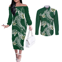 Polynesian Hawaiian Plumeria Tribal Pattern Couples Matching Off The Shoulder Long Sleeve Dress and Long Sleeve Button Shirt Green Version LT01 Green - Polynesian Pride