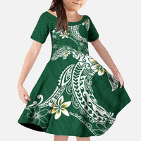 Polynesian Hawaiian Plumeria Tribal Pattern Family Matching Off The Shoulder Long Sleeve Dress and Hawaiian Shirt Green Version LT01 Daughter's Dress Green - Polynesian Pride