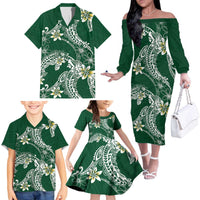 Polynesian Hawaiian Plumeria Tribal Pattern Family Matching Off The Shoulder Long Sleeve Dress and Hawaiian Shirt Green Version LT01 - Polynesian Pride
