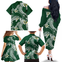 Polynesian Hawaiian Plumeria Tribal Pattern Family Matching Off The Shoulder Long Sleeve Dress and Hawaiian Shirt Green Version LT01 - Polynesian Pride