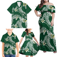Polynesian Hawaiian Plumeria Tribal Pattern Family Matching Off Shoulder Maxi Dress and Hawaiian Shirt Green Version LT01 - Polynesian Pride