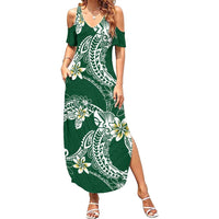 Polynesian Hawaiian Plumeria Tribal Pattern Family Matching Summer Maxi Dress and Hawaiian Shirt Green Version LT01 Mom's Dress Green - Polynesian Pride