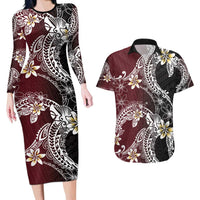 Polynesian Hawaiian Plumeria Tribal Pattern Couples Matching Long Sleeve Bodycon Dress and Hawaiian Shirt Special Wine Red Version LT01 Red - Polynesian Pride