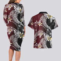 Polynesian Hawaiian Plumeria Tribal Pattern Couples Matching Long Sleeve Bodycon Dress and Hawaiian Shirt Special Wine Red Version LT01 - Polynesian Pride