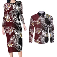 Polynesian Hawaiian Plumeria Tribal Pattern Couples Matching Long Sleeve Bodycon Dress and Long Sleeve Button Shirt Special Wine Red Version LT01 Red - Polynesian Pride