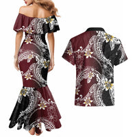 Polynesian Hawaiian Plumeria Tribal Pattern Couples Matching Mermaid Dress and Hawaiian Shirt Special Wine Red Version LT01 - Polynesian Pride