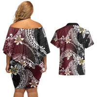 Polynesian Hawaiian Plumeria Tribal Pattern Couples Matching Off Shoulder Short Dress and Hawaiian Shirt Special Wine Red Version LT01 - Polynesian Pride