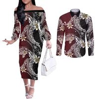 Polynesian Hawaiian Plumeria Tribal Pattern Couples Matching Off The Shoulder Long Sleeve Dress and Long Sleeve Button Shirt Special Wine Red Version LT01 Red - Polynesian Pride