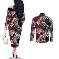 Polynesian Hawaiian Plumeria Tribal Pattern Couples Matching Off The Shoulder Long Sleeve Dress and Long Sleeve Button Shirt Special Wine Red Version LT01 - Polynesian Pride