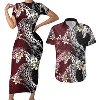 Polynesian Hawaiian Plumeria Tribal Pattern Couples Matching Short Sleeve Bodycon Dress and Hawaiian Shirt Special Wine Red Version LT01 Red - Polynesian Pride