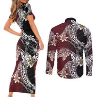Polynesian Hawaiian Plumeria Tribal Pattern Couples Matching Short Sleeve Bodycon Dress and Long Sleeve Button Shirt Special Wine Red Version LT01 - Polynesian Pride
