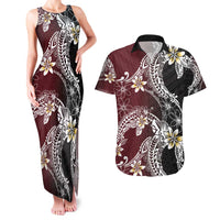 Polynesian Hawaiian Plumeria Tribal Pattern Couples Matching Tank Maxi Dress and Hawaiian Shirt Special Wine Red Version LT01 Red - Polynesian Pride