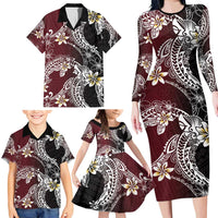 Polynesian Hawaiian Plumeria Tribal Pattern Family Matching Long Sleeve Bodycon Dress and Hawaiian Shirt Special Wine Red Version LT01 - Polynesian Pride
