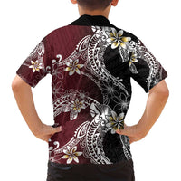 Polynesian Hawaiian Plumeria Tribal Pattern Family Matching Off Shoulder Short Dress and Hawaiian Shirt Special Wine Red Version LT01 - Polynesian Pride