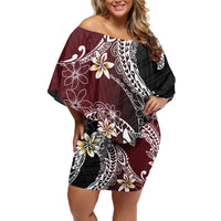 Polynesian Hawaiian Plumeria Tribal Pattern Family Matching Off Shoulder Short Dress and Hawaiian Shirt Special Wine Red Version LT01 Mom's Dress Red - Polynesian Pride