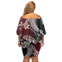 Polynesian Hawaiian Plumeria Tribal Pattern Family Matching Off Shoulder Short Dress and Hawaiian Shirt Special Wine Red Version LT01 - Polynesian Pride