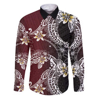 Polynesian Hawaiian Plumeria Tribal Pattern Family Matching Puletasi and Hawaiian Shirt Special Wine Red Version LT01 Dad's Shirt - Long Sleeve Red - Polynesian Pride
