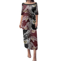 Polynesian Hawaiian Plumeria Tribal Pattern Family Matching Puletasi and Hawaiian Shirt Special Wine Red Version LT01 Mom's Dress Red - Polynesian Pride