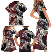 Polynesian Hawaiian Plumeria Tribal Pattern Family Matching Short Sleeve Bodycon Dress and Hawaiian Shirt Special Wine Red Version LT01 - Polynesian Pride