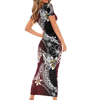 Polynesian Hawaiian Plumeria Tribal Pattern Family Matching Short Sleeve Bodycon Dress and Hawaiian Shirt Special Wine Red Version LT01 - Polynesian Pride