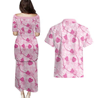 Anthurium Pikake Ti Leaf Palaka Couples Matching Puletasi and Hawaiian Shirt Pink Version