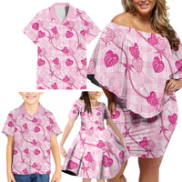 Anthurium Pikake Ti Leaf Palaka Family Matching Off Shoulder Short Dress and Hawaiian Shirt Pink Version LT01 - Polynesian Pride
