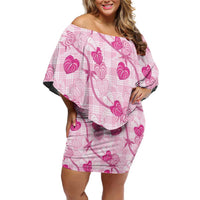 Anthurium Pikake Ti Leaf Palaka Family Matching Off Shoulder Short Dress and Hawaiian Shirt Pink Version LT01 Mom's Dress Pink - Polynesian Pride