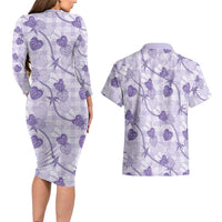 Anthurium Pikake Ti Leaf Palaka Couples Matching Long Sleeve Bodycon Dress and Hawaiian Shirt Purple Version LT01 - Polynesian Pride