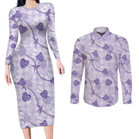 Anthurium Pikake Ti Leaf Palaka Couples Matching Long Sleeve Bodycon Dress and Long Sleeve Button Shirt Purple Version LT01 Purple - Polynesian Pride