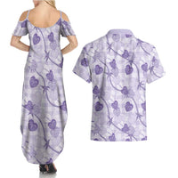 Anthurium Pikake Ti Leaf Palaka Couples Matching Summer Maxi Dress and Hawaiian Shirt Purple Version