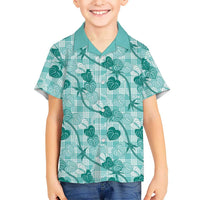 Anthurium Pikake Ti Leaf Palaka Family Matching Long Sleeve Bodycon Dress and Hawaiian Shirt Turquoise Version LT01 Son's Shirt Turquoise - Polynesian Pride