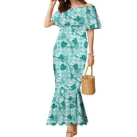 Anthurium Pikake Ti Leaf Palaka Family Matching Mermaid Dress and Hawaiian Shirt Turquoise Version LT01 Mom's Dress Turquoise - Polynesian Pride