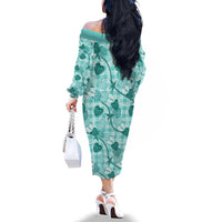 Anthurium Pikake Ti Leaf Palaka Family Matching Off The Shoulder Long Sleeve Dress and Hawaiian Shirt Turquoise Version LT01 - Polynesian Pride