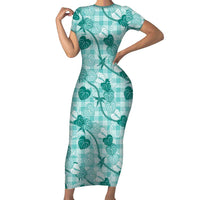 Anthurium Pikake Ti Leaf Palaka Short Sleeve Bodycon Dress Turquoise Version