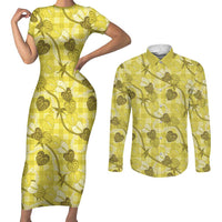 Anthurium Pikake Ti Leaf Palaka Couples Matching Short Sleeve Bodycon Dress and Long Sleeve Button Shirt Yellow Version